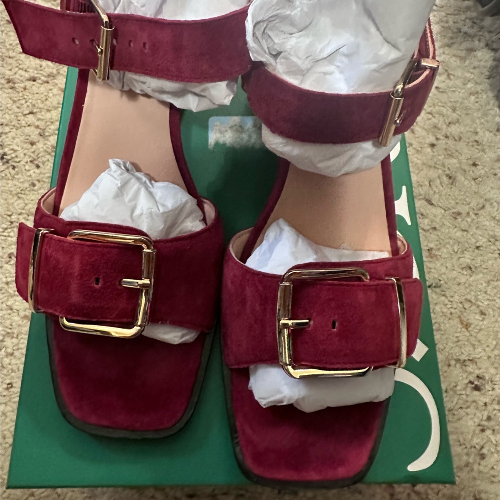 New - J Crew Suede Dylan Sandal Block Heels - Red Dahlia Size 10